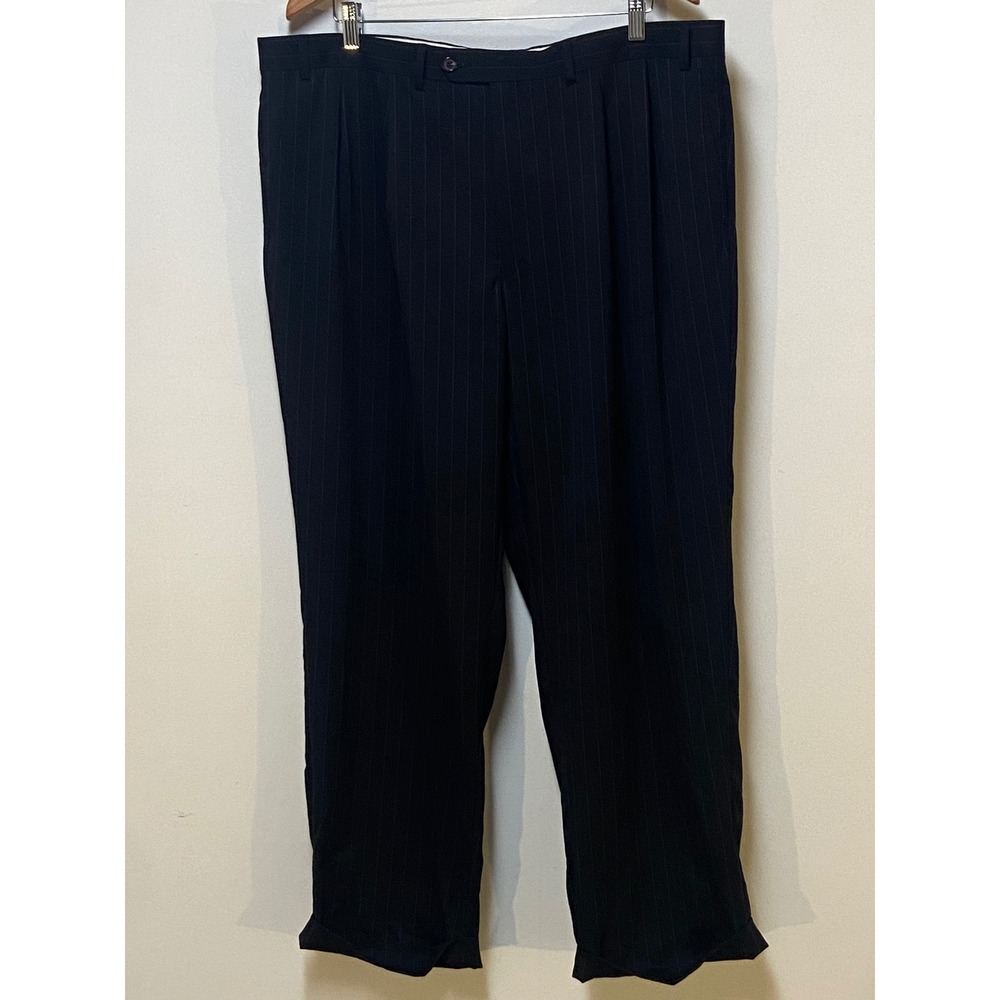 Chaps Dress Pants Mens 40x30 Black Pinstripe 100% Wool Pleated Cuffed Trousers